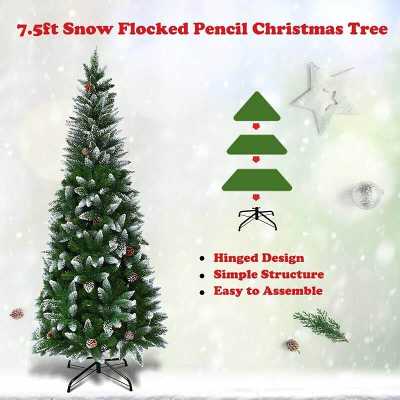 7.5FT Snow Flocked Pencil Christmas Tree with 39 Pine Cones, 720 PVC Branch Tips & Metal Stand, Unlit Hinged Xmas Tree for Indoor Holiday Decor