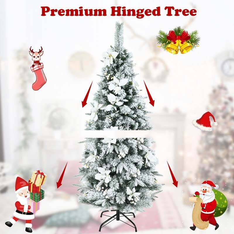 5FT Snow Flocked Pencil Christmas Tree with Berries and Poinsettia Flowers