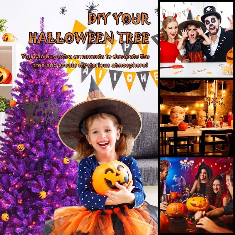 6FT Artificial Prelit Purple Halloween Tree with Orange Lights & Pumpkin Ornaments