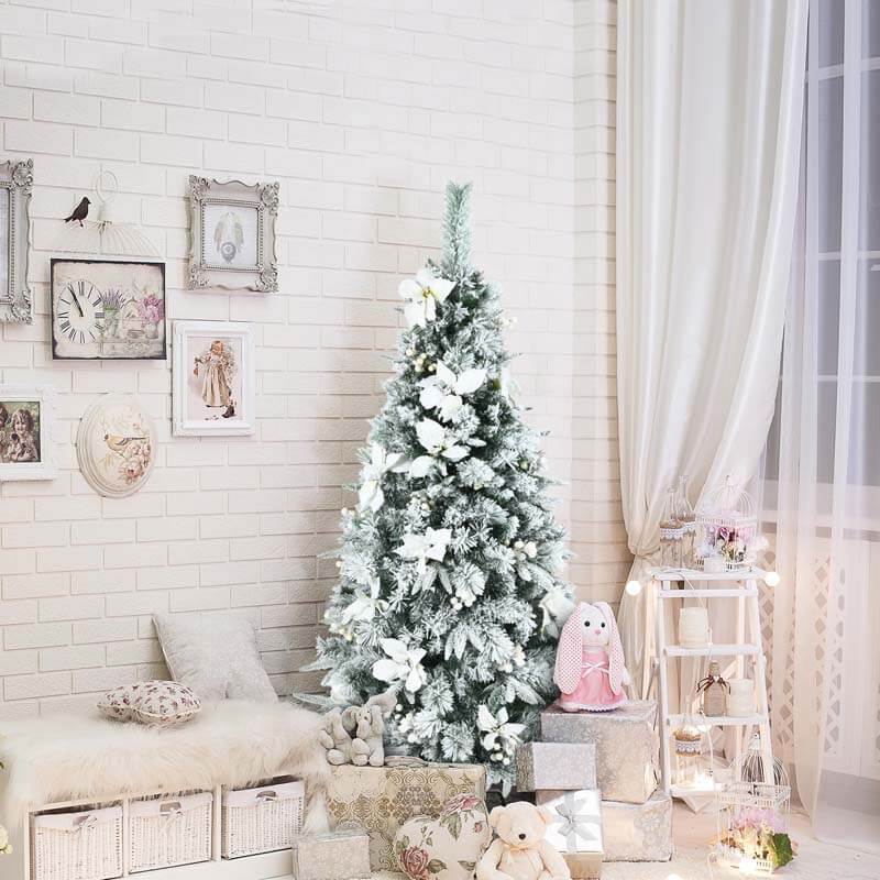 5FT Snow Flocked Pencil Christmas Tree with Berries and Poinsettia Flowers