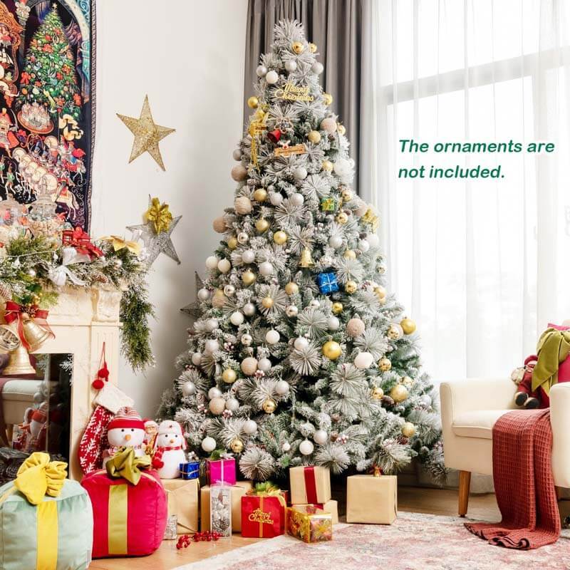 8FT Snow Flocked Christmas Tree Glitter Tips with Pine Cone and Red Berries