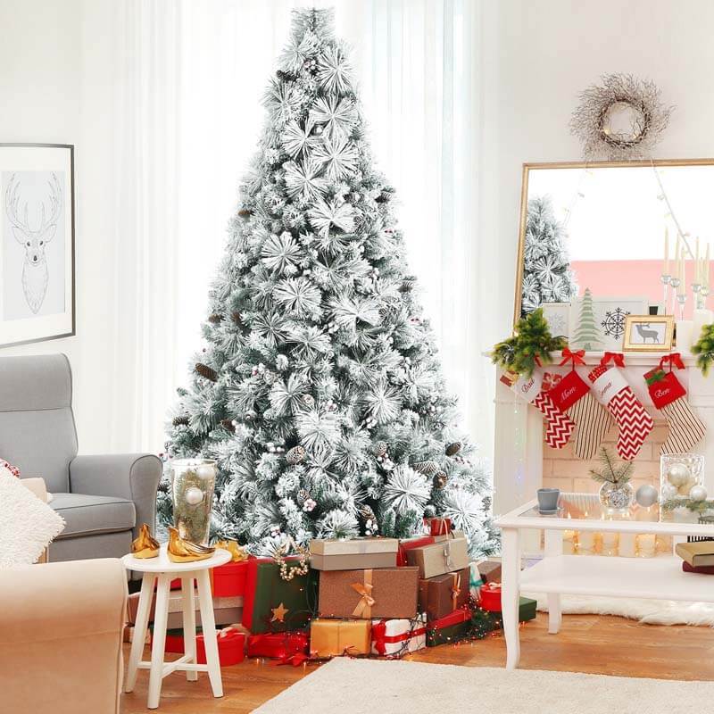 8FT Snow Flocked Christmas Tree Glitter Tips with Pine Cone and Red Berries
