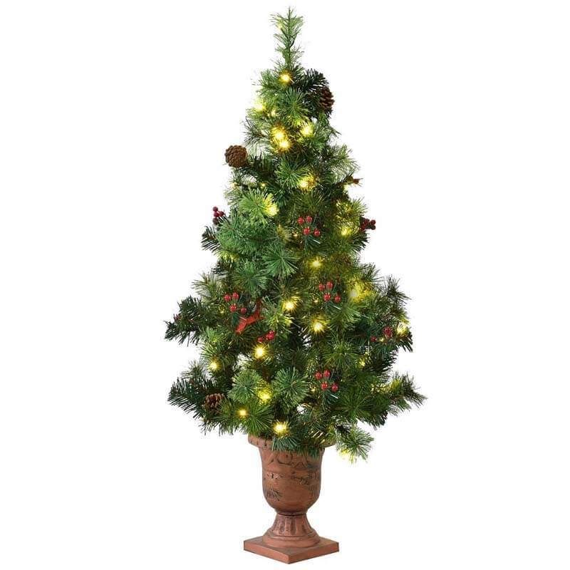 4FT Pre-Lit Entrance Christmas Tree with 60 Warm LED Lights, Red Berries & Pine Cones, Porch Xmas Tree for Indoor Outdoor Holiday Decors