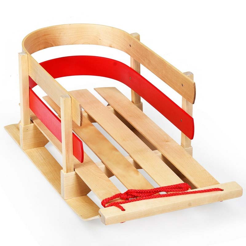 29" Wooden Sled, Snow Sleigh with Pulling Rope, Steering Slider, Solid Wood Seat & Backrest, Portable Toboggan for Kids & Toddlers