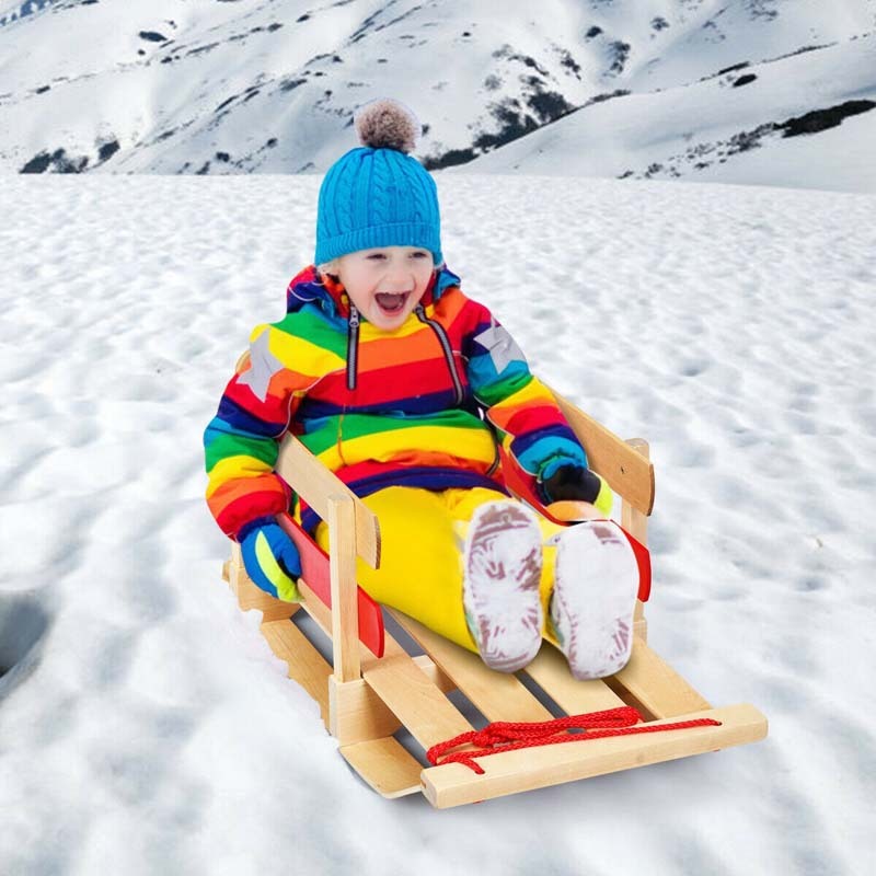 29" Wooden Sled, Snow Sleigh with Pulling Rope, Steering Slider, Solid Wood Seat & Backrest, Portable Toboggan for Kids & Toddlers