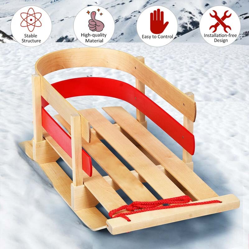 29" Wooden Sled, Snow Sleigh with Pulling Rope, Steering Slider, Solid Wood Seat & Backrest, Portable Toboggan for Kids & Toddlers