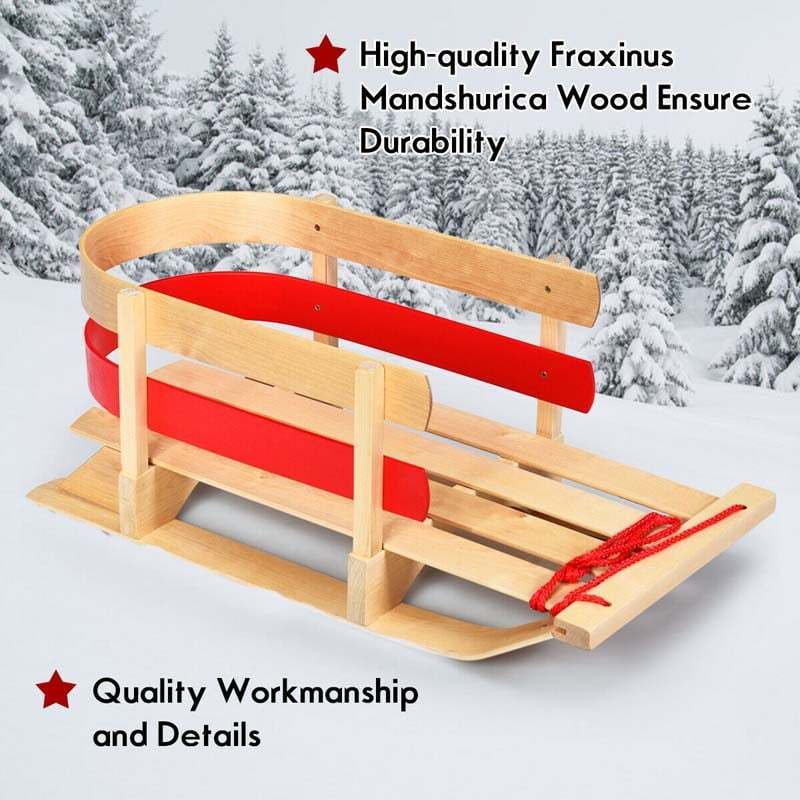 29" Wooden Sled, Snow Sleigh with Pulling Rope, Steering Slider, Solid Wood Seat & Backrest, Portable Toboggan for Kids & Toddlers