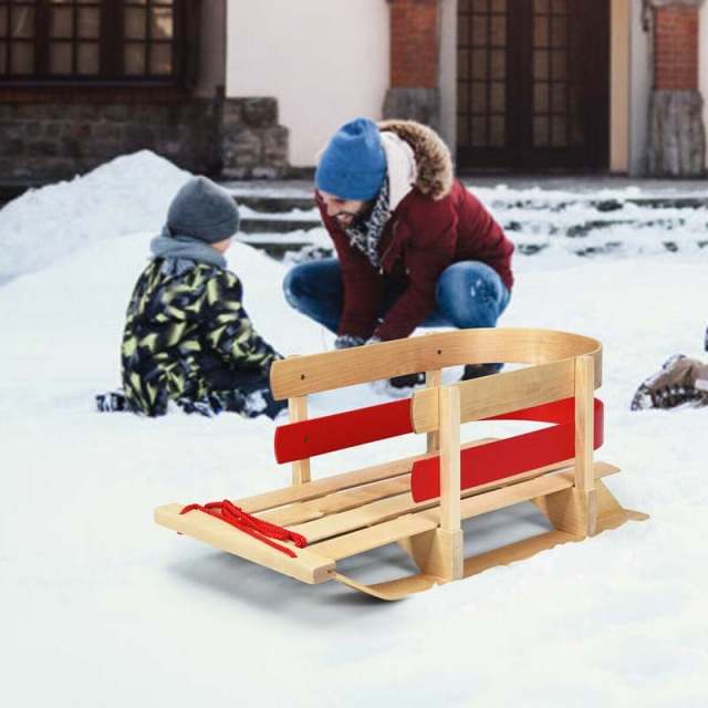 29" Wooden Sled, Snow Sleigh with Pulling Rope, Steering Slider, Solid Wood Seat & Backrest, Portable Toboggan for Kids & Toddlers