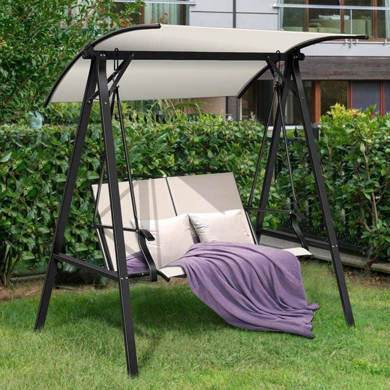 2 Person Patio Swing with Adjustable Canopy & Armrests, Weather Resistant Steel Frame Porch Swing for Backyard, Garden, Poolside