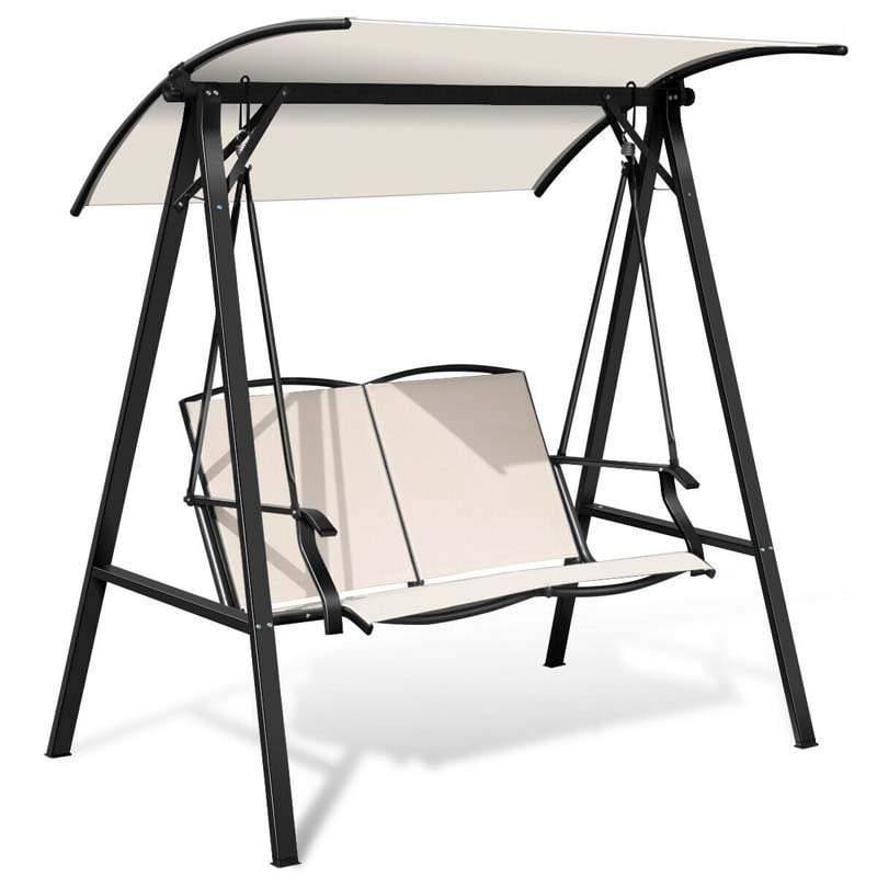 2 Person Patio Swing with Adjustable Canopy & Armrests, Weather Resistant Steel Frame Porch Swing for Backyard, Garden, Poolside