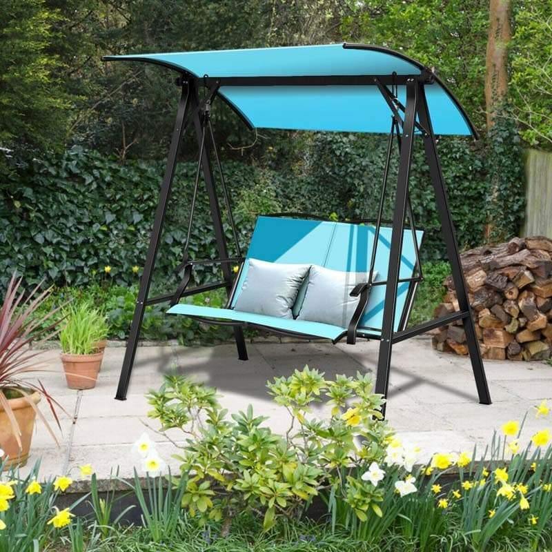 2 Person Patio Swing with Adjustable Canopy & Armrests, Weather Resistant Steel Frame Porch Swing for Backyard, Garden, Poolside