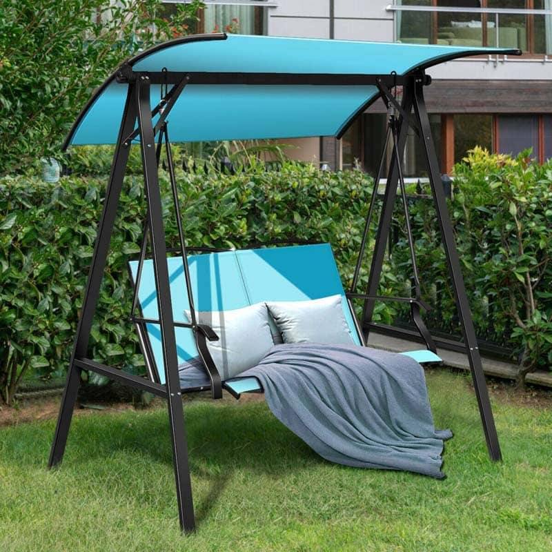 2 Person Patio Swing with Adjustable Canopy & Armrests, Weather Resistant Steel Frame Porch Swing for Backyard, Garden, Poolside