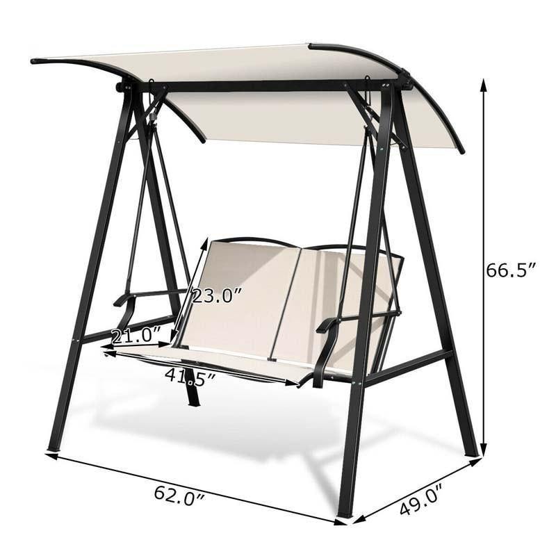 2 Person Patio Swing with Adjustable Canopy & Armrests, Weather Resistant Steel Frame Porch Swing for Backyard, Garden, Poolside