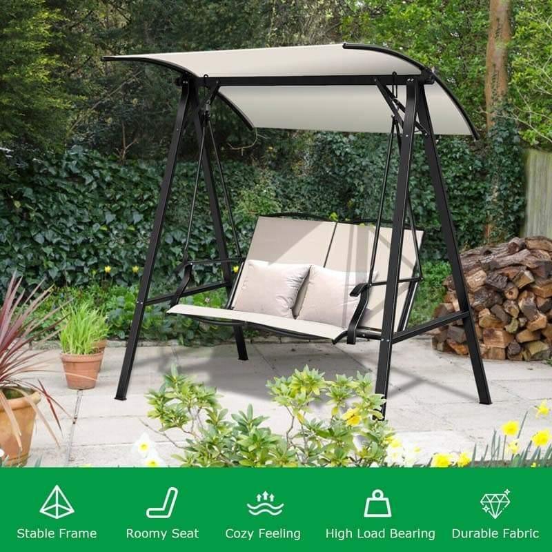 2 Person Patio Swing with Adjustable Canopy & Armrests, Weather Resistant Steel Frame Porch Swing for Backyard, Garden, Poolside