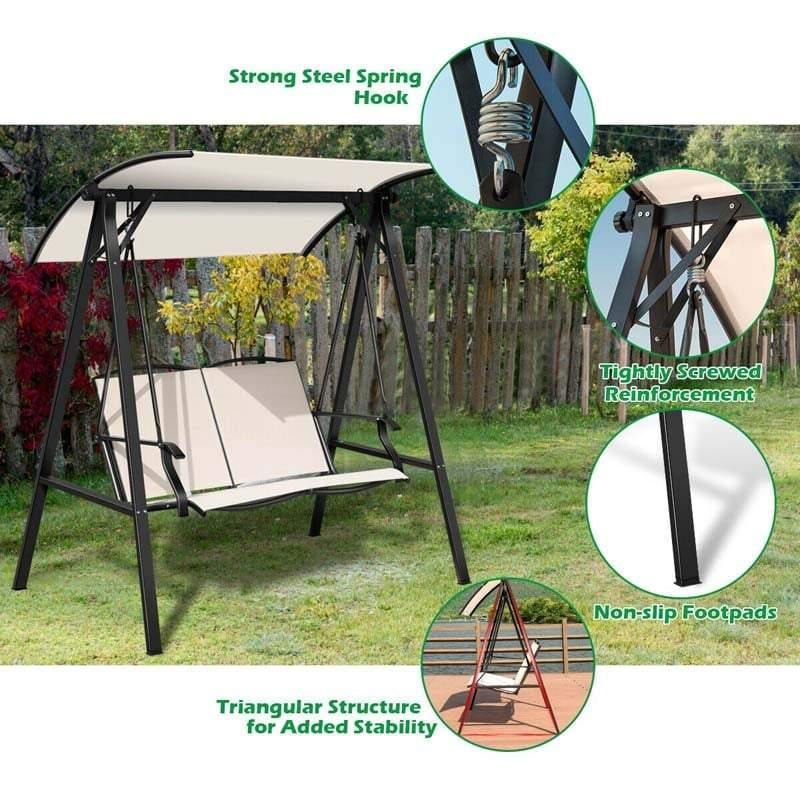 2 Person Patio Swing with Adjustable Canopy & Armrests, Weather Resistant Steel Frame Porch Swing for Backyard, Garden, Poolside