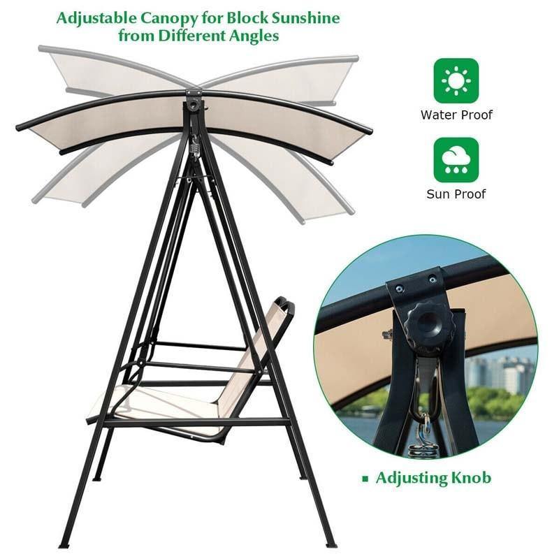 2 Person Patio Swing with Adjustable Canopy & Armrests, Weather Resistant Steel Frame Porch Swing for Backyard, Garden, Poolside