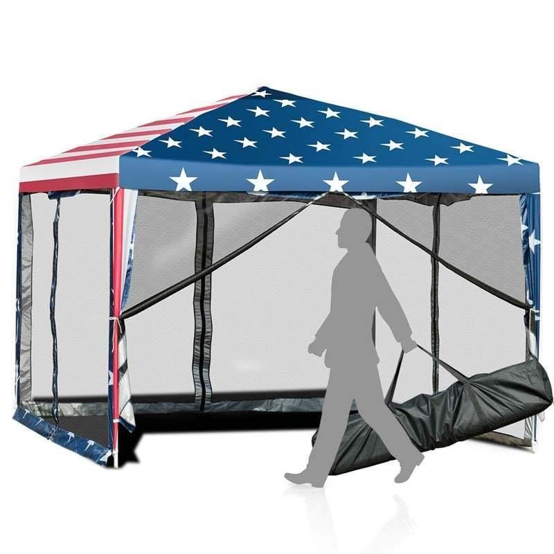 10’ x 10’ Pop-up Canopy Tent Easy Up Canopy with Mesh Sidewalls & Carrying Bag, American Flag Outdoor Canopy for Backyard Lawn