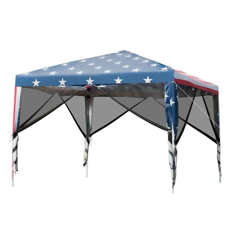 10’ x 10’ Pop-up Canopy Tent Easy Up Canopy with Mesh Sidewalls & Carrying Bag, American Flag Outdoor Canopy for Backyard Lawn