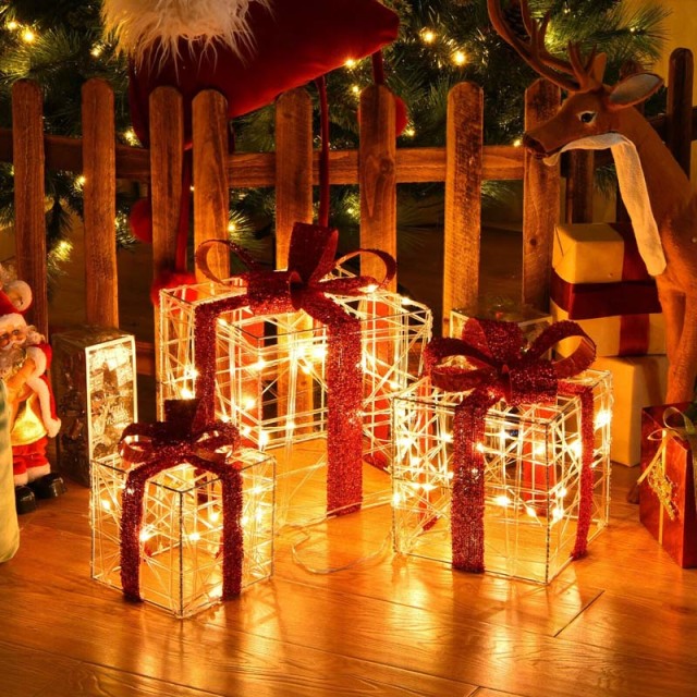 3PCS Christmas Lighted Gift Boxes, LED Xmas Decorative Boxes with 60 Lights & Waterproof Plug, Indoor/Outdoor Holiday Presents Set