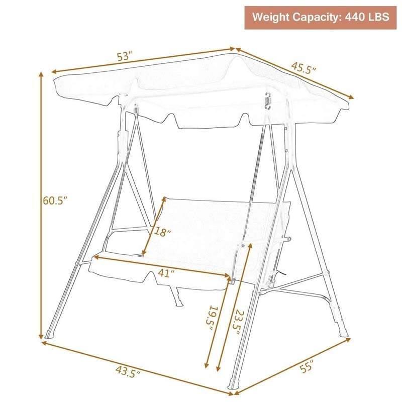2 Person Patio Swing with Adjustable Canopy & Removable Cushions, Weather Resistant Outdoor Porch Swing for Backyard, Garden, Balcony