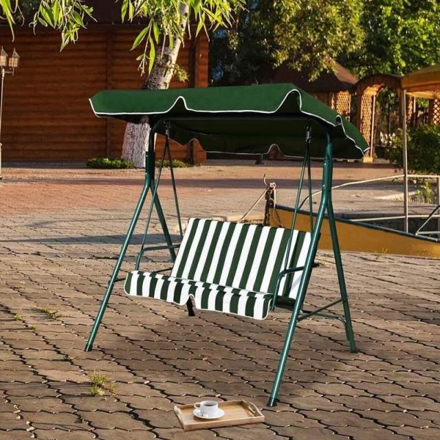 2 Person Patio Swing with Adjustable Canopy & Removable Cushions, Weather Resistant Outdoor Porch Swing for Backyard, Garden, Balcony