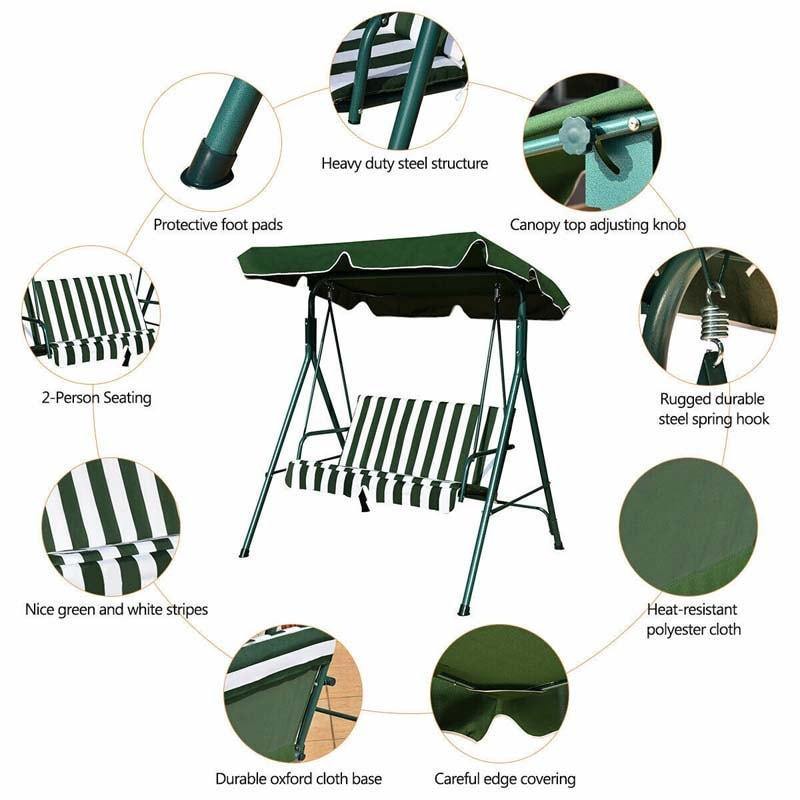2 Person Patio Swing with Adjustable Canopy & Removable Cushions, Weather Resistant Outdoor Porch Swing for Backyard, Garden, Balcony