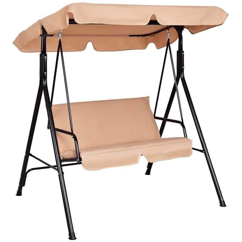 2 Person Patio Swing with Adjustable Canopy & Removable Cushions, Weather Resistant Outdoor Porch Swing for Backyard, Garden, Balcony