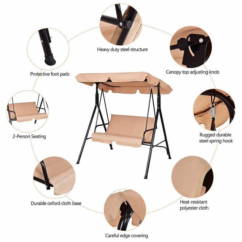 2 Person Patio Swing with Adjustable Canopy & Removable Cushions, Weather Resistant Outdoor Porch Swing for Backyard, Garden, Balcony