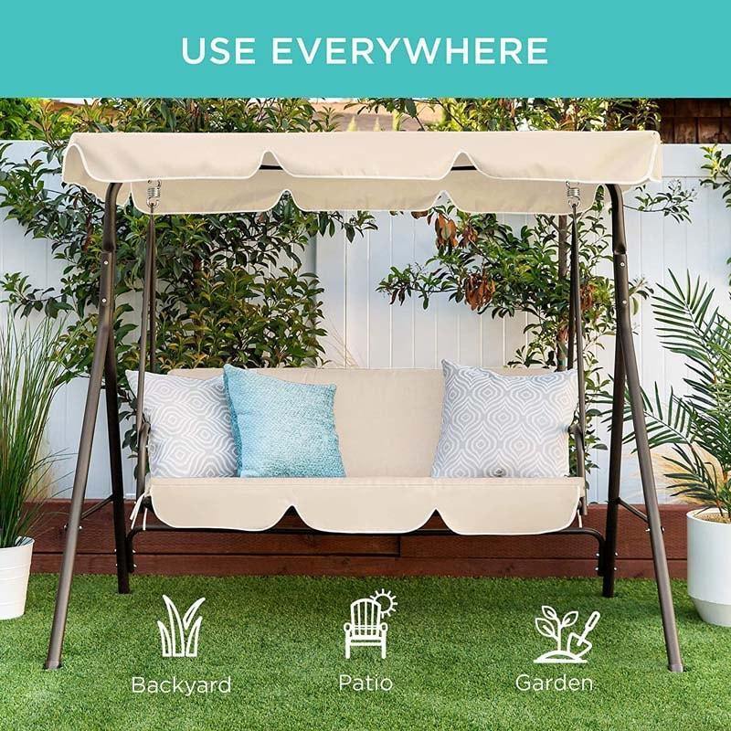 2 Person Patio Swing with Adjustable Canopy & Removable Cushions, Weather Resistant Outdoor Porch Swing for Backyard, Garden, Balcony