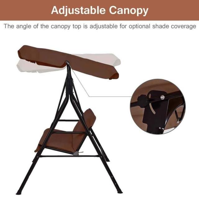 2 Person Patio Swing with Adjustable Canopy & Removable Cushions, Weather Resistant Outdoor Porch Swing for Backyard, Garden, Balcony