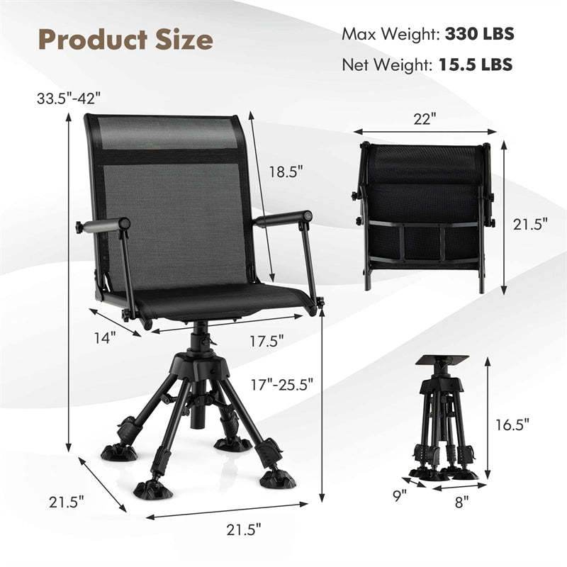360° Swivel Hunting Blind Chair, Height Adjustable Folding Hunting Chair with 4 Adjustable Legs & Armrests, All-Terrain Feet, 330LBS Capacity