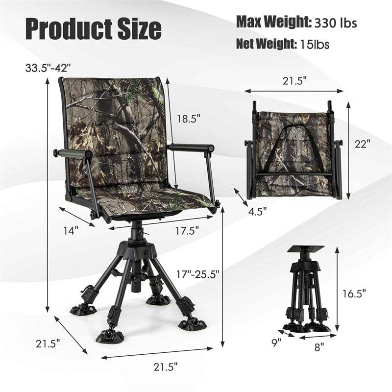 360° Swivel Hunting Blind Chair, Height Adjustable Folding Hunting Chair with 4 Adjustable Legs & Armrests, All-Terrain Feet, 330LBS Capacity