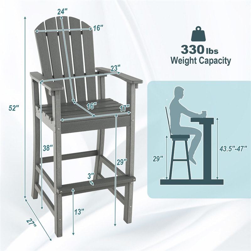 Outdoor HDPE Adirondack Bar Stools Set of 2, 30" Tall Adirondack Chairs with High Backrest & Footrest, 360LBS Capacity for Poolside, Patio