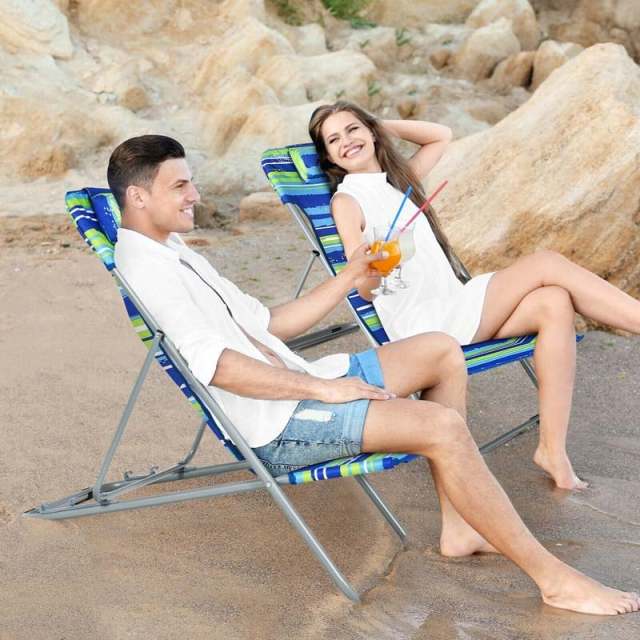 2-Pack Beach Chairs, Folding Lounge Chairs with Adjustable Backrests & Headrests, Portable Lightweight Chairs for Camping, Deck, Sunbathing