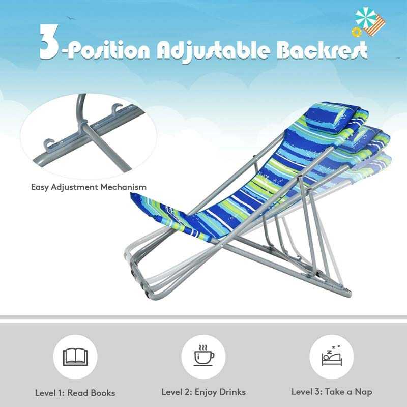 2-Pack Beach Chairs, Folding Lounge Chairs with Adjustable Backrests & Headrests, Portable Lightweight Chairs for Camping, Deck, Sunbathing