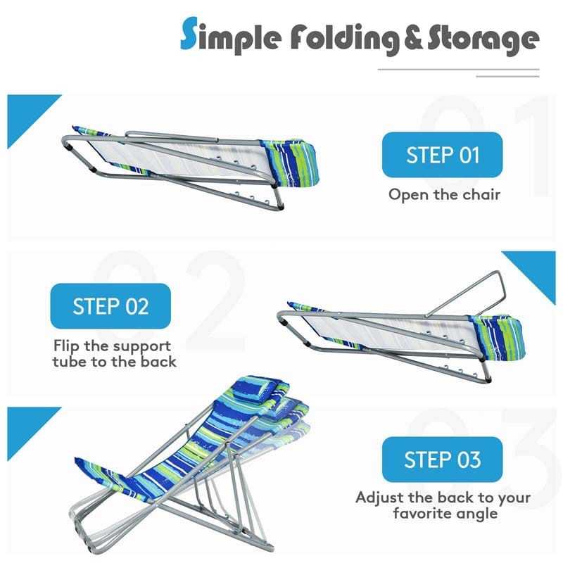2-Pack Beach Chairs, Folding Lounge Chairs with Adjustable Backrests & Headrests, Portable Lightweight Chairs for Camping, Deck, Sunbathing