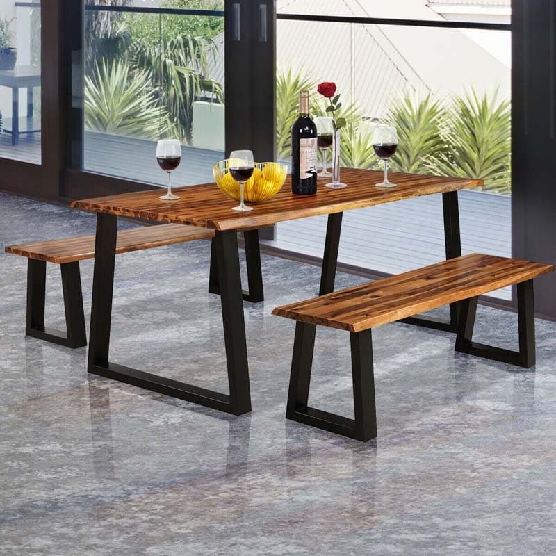 Acacia Wood Dining Bench, 2-Person Rustic Brown Patio Picnic Bench with Metal Frame for Indoor/Outdoor Use, Garden, Backyard, Poolside, Porch