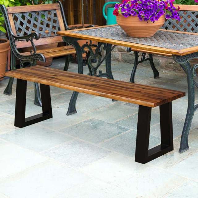Acacia Wood Dining Bench, 2-Person Rustic Brown Patio Picnic Bench with Metal Frame for Indoor/Outdoor Use, Garden, Backyard, Poolside, Porch