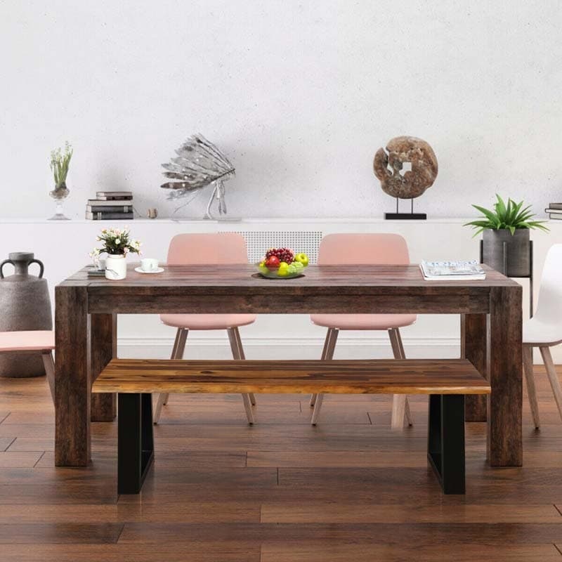 Acacia Wood Dining Bench, 2-Person Rustic Brown Patio Picnic Bench with Metal Frame for Indoor/Outdoor Use, Garden, Backyard, Poolside, Porch