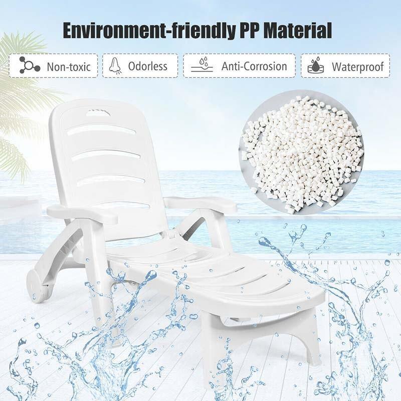 Folding Outdoor Chaise Lounge Chair 5 Position Adjustable Reclining Poolside Deck Lounger with Wheels