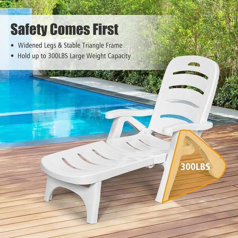 Folding Outdoor Chaise Lounge Chair 5 Position Adjustable Reclining Poolside Deck Lounger with Wheels