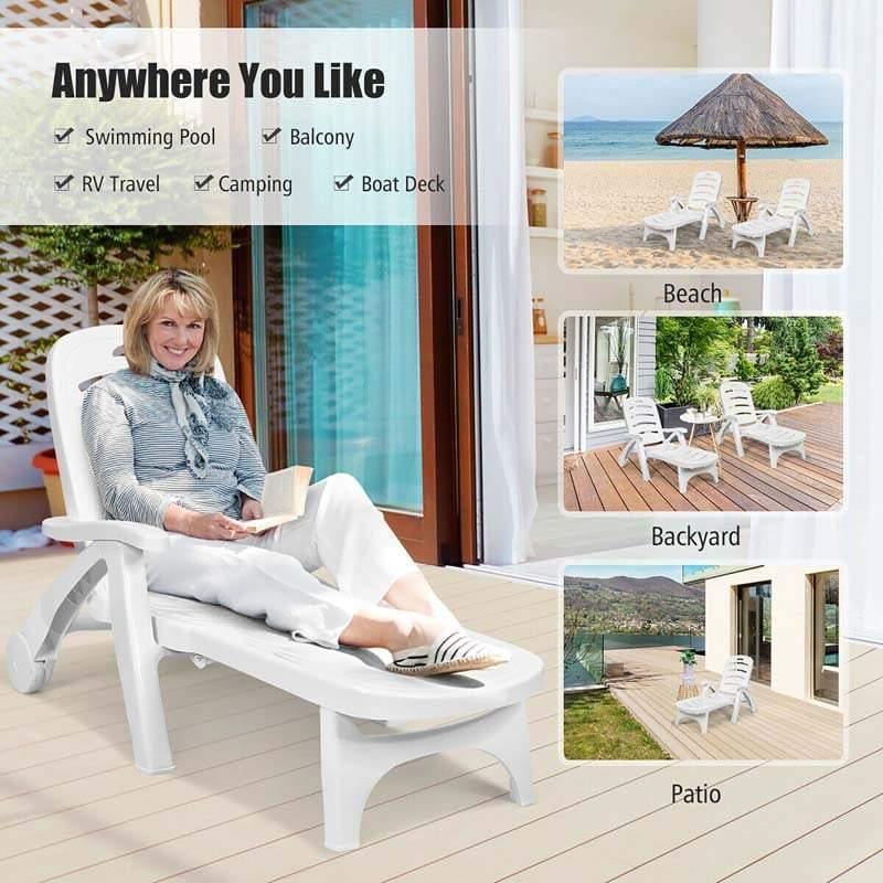 Folding Outdoor Chaise Lounge Chair 5 Position Adjustable Reclining Poolside Deck Lounger with Wheels