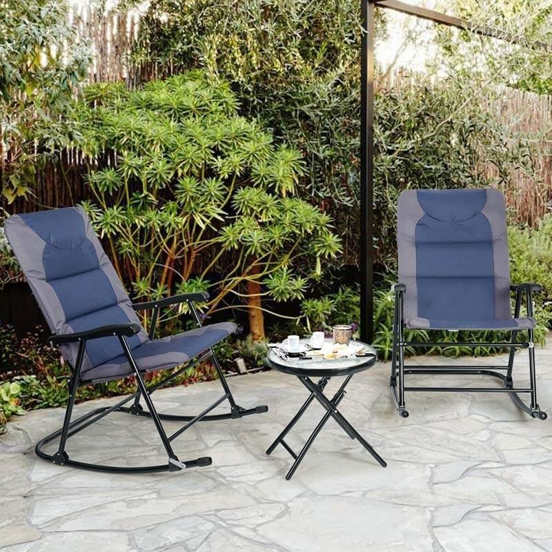 3 Piece Outdoor Folding Bistro Set, High Back Patio Rocking Chairs with Padded Seat & Glass Table for Backyard, Poolside & Deck