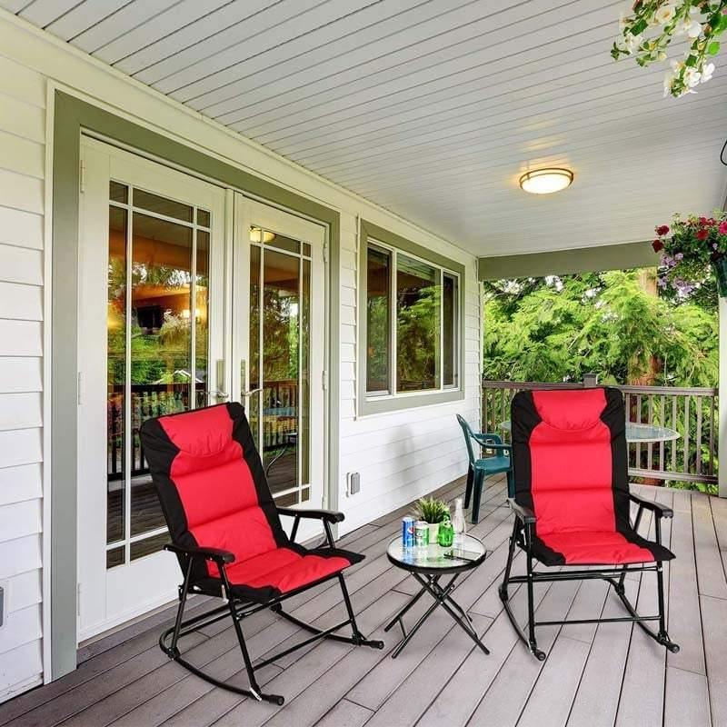 3 Piece Outdoor Folding Bistro Set, High Back Patio Rocking Chairs with Padded Seat & Glass Table for Backyard, Poolside & Deck