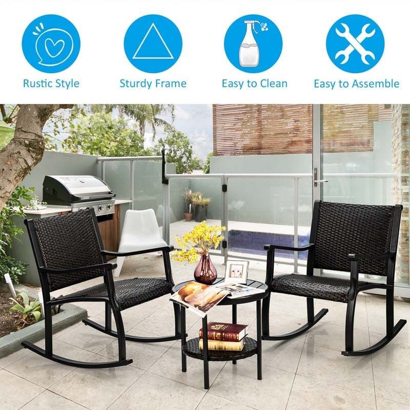 Bestoutdor 3-Piece Wicker Rocking Bistro Set Rattan Patio Furniture Set with 2 Rocking Chairs & Storage Shelf Coffee Table