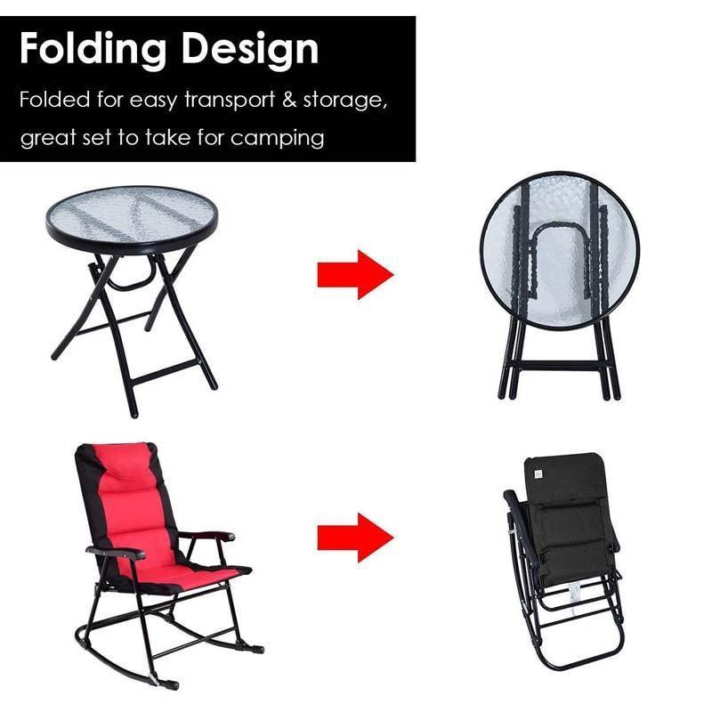 3 Piece Outdoor Folding Bistro Set, High Back Patio Rocking Chairs with Padded Seat & Glass Table for Backyard, Poolside & Deck