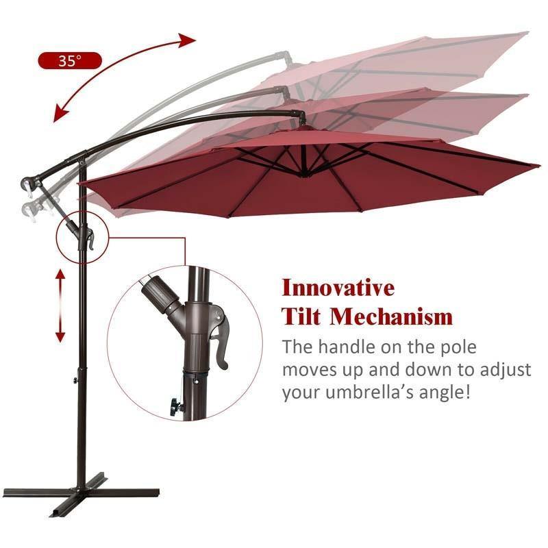 10ft Hanging Umbrella Offset Patio Sun Shade Umbrella Outdoor Market Umbrella Tilt Adjustment Cantilever Umbrella with Crank & Cross Base