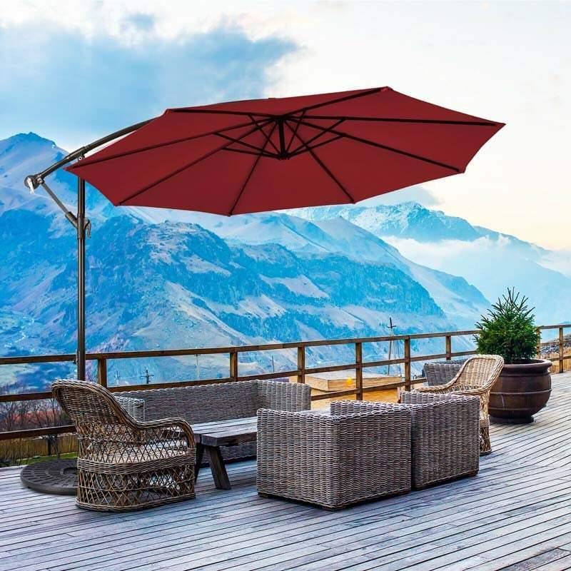 10ft Hanging Umbrella Offset Patio Sun Shade Umbrella Outdoor Market Umbrella Tilt Adjustment Cantilever Umbrella with Crank & Cross Base
