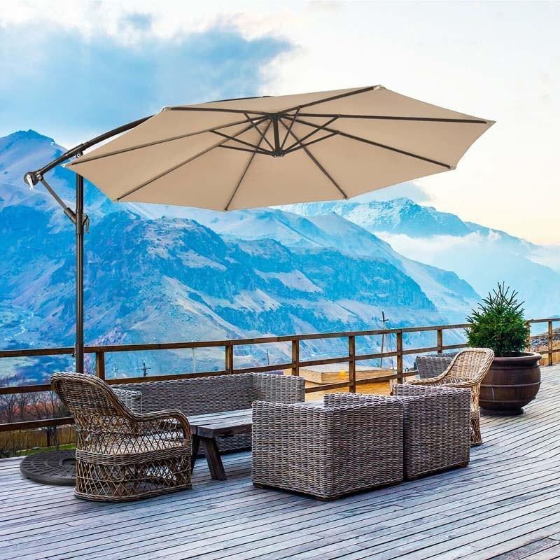 10ft Hanging Umbrella Offset Patio Sun Shade Umbrella Outdoor Market Umbrella Tilt Adjustment Cantilever Umbrella with Crank & Cross Base