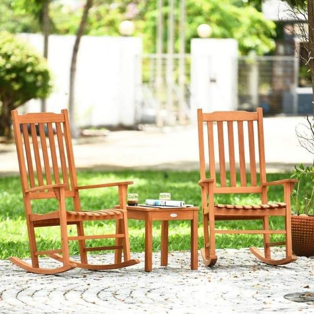 3-Piece Eucalyptus Wood Rocking Bistro Set with 2 Rockers & Coffee Table, Outdoor Rocking Chair Set for Patio, Backyard, Porch, Poolside